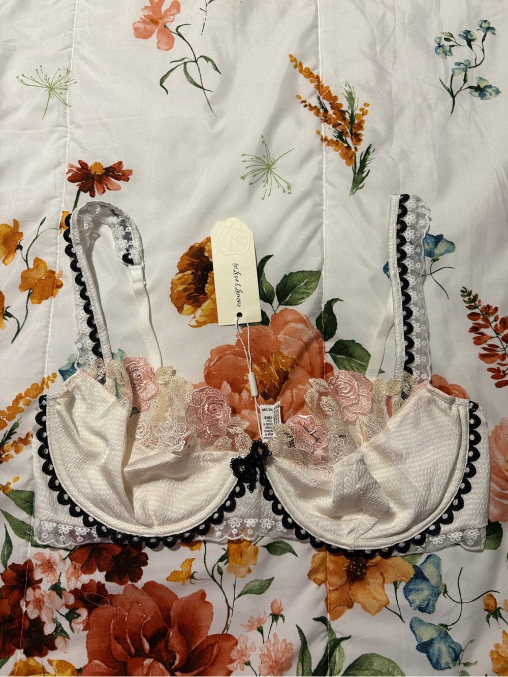 For Love And Lemons White Lace Underwire Bra with Pink Embroidery and Black Trim